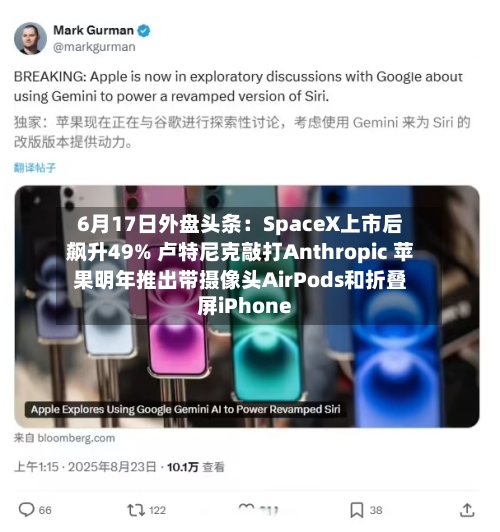 6月17日外盘头条:SpaceX上市后飙升49% 卢特尼克敲打Anthropic 苹果明年推出带摄像头AirPods和折叠屏iPhone-第2张图片